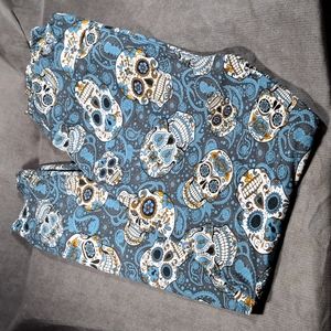 Black Blue Yellow Paisley Sugar Skull Tapered Leggings G OS PLUS